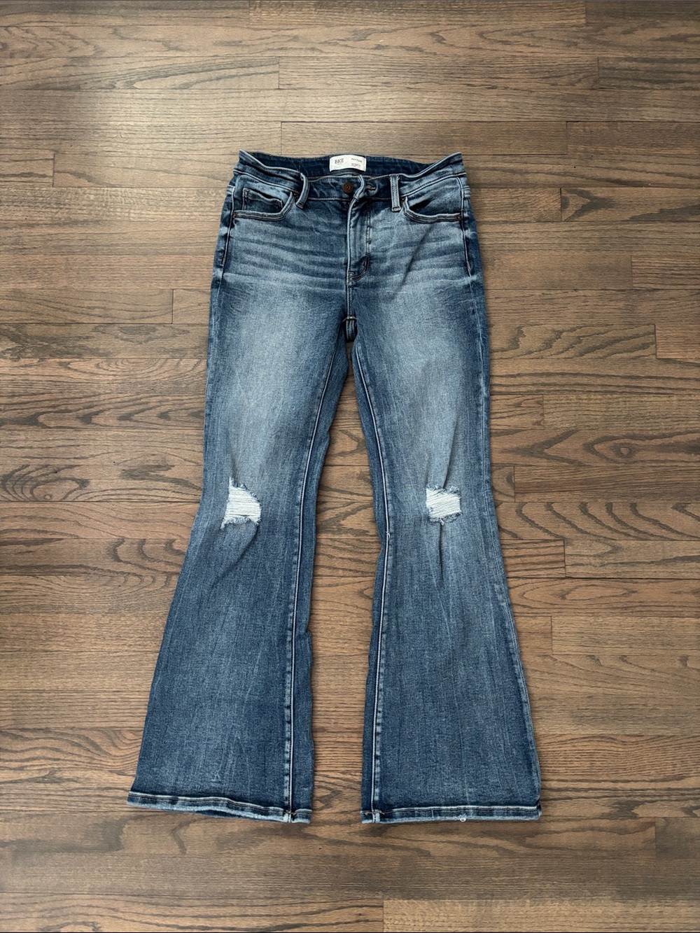 BKE Women's Medium Blue Flare Jeans with Knee Distress